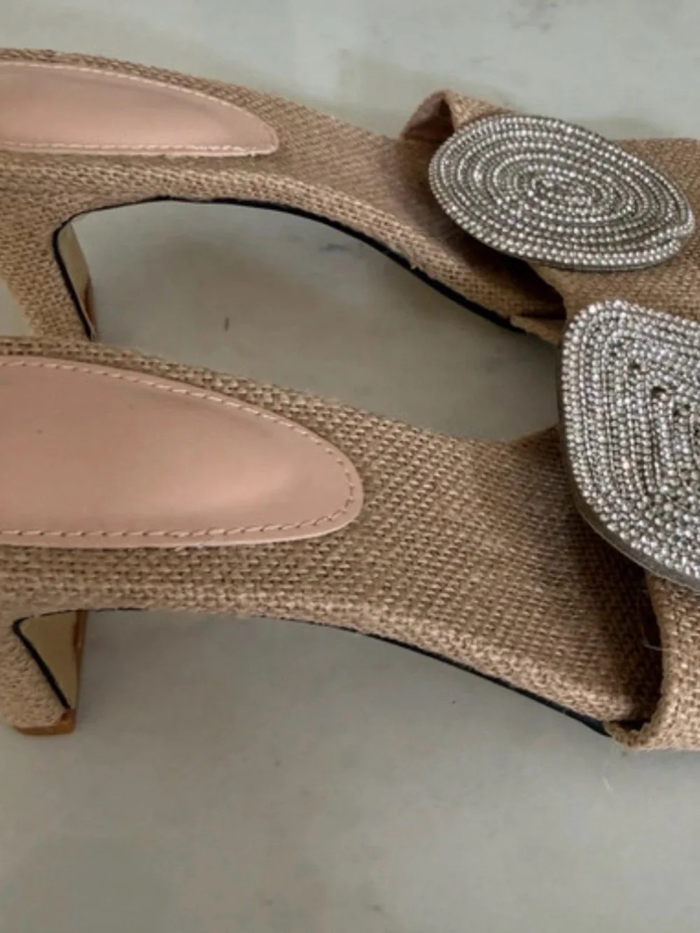 ASOS Tan Beaded Square Buckle Slide Heels NWOT Box